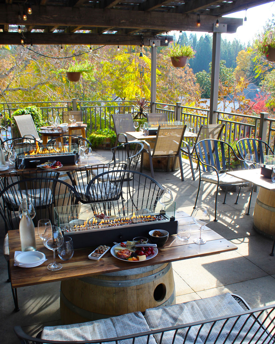 The fire-pit patio at Nevada City Winery overlooking the canyon